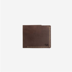 rich brown leather wallet with an etched logo and hand stitched detailing.