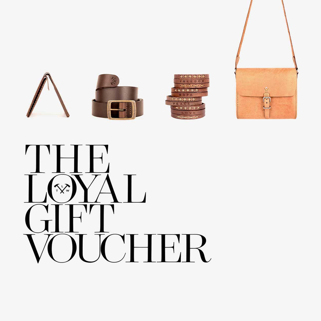 A Loyal Workshop gift voucher with images of multiple handmade leather products on it