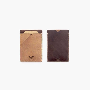 two card wallets lying side by side flat on a white surface. Card wallets feature two tones of leather in light and dark brown with hand stitched detailing and an etched logo.